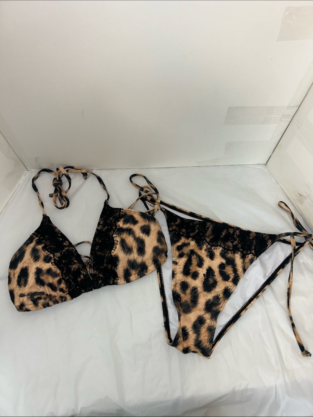 Leopard Print Lace Triangle Bikini Set - Tan & Black